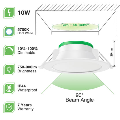 10 Pack 10W/12W/13W LED Recessed Downlight 3CCT Dimmable 90mm IP44 White Nickel Frame