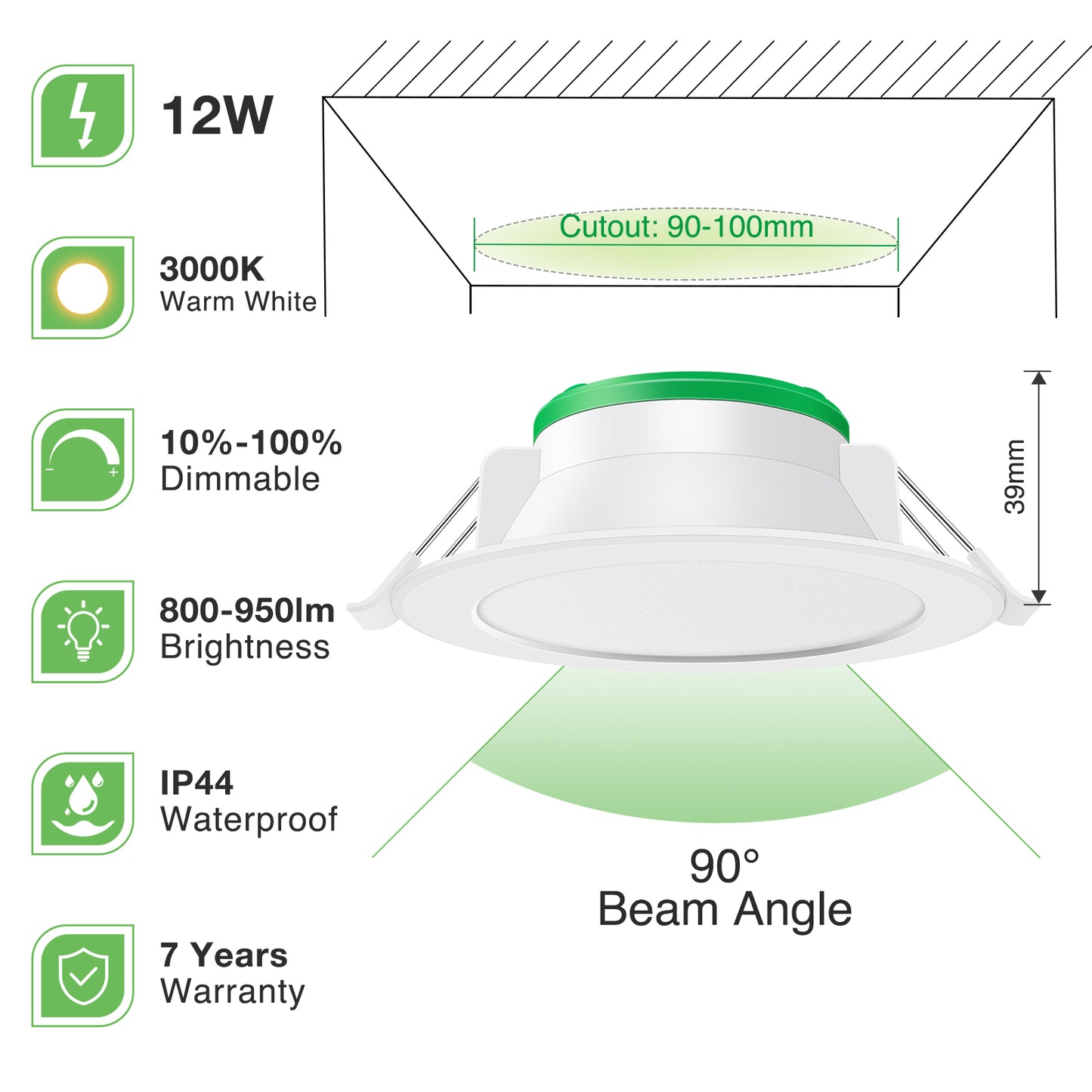 10 Pack 10W/12W/13W LED Recessed Downlight 3CCT Dimmable 90mm IP44 White Nickel Frame