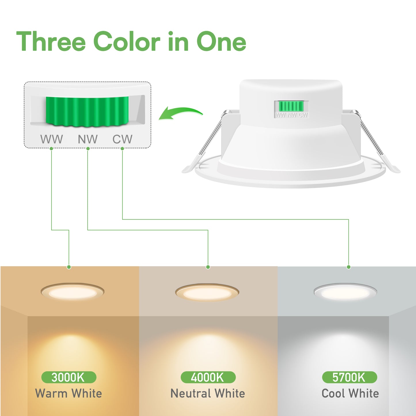 10W 12W 14W LED Downlights Tri-Color Changable Dimmable 70mm 90mm 120mm Cutout IP44,  White Chrome Frame, 10 PACK