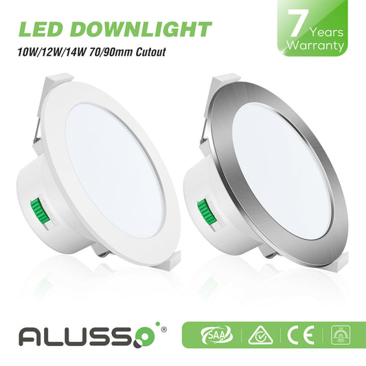 10W 12W 14W LED Downlights Tri-Color Changable Dimmable 70mm 90mm 120mm Cutout IP44,  White Chrome Frame, 10 PACK